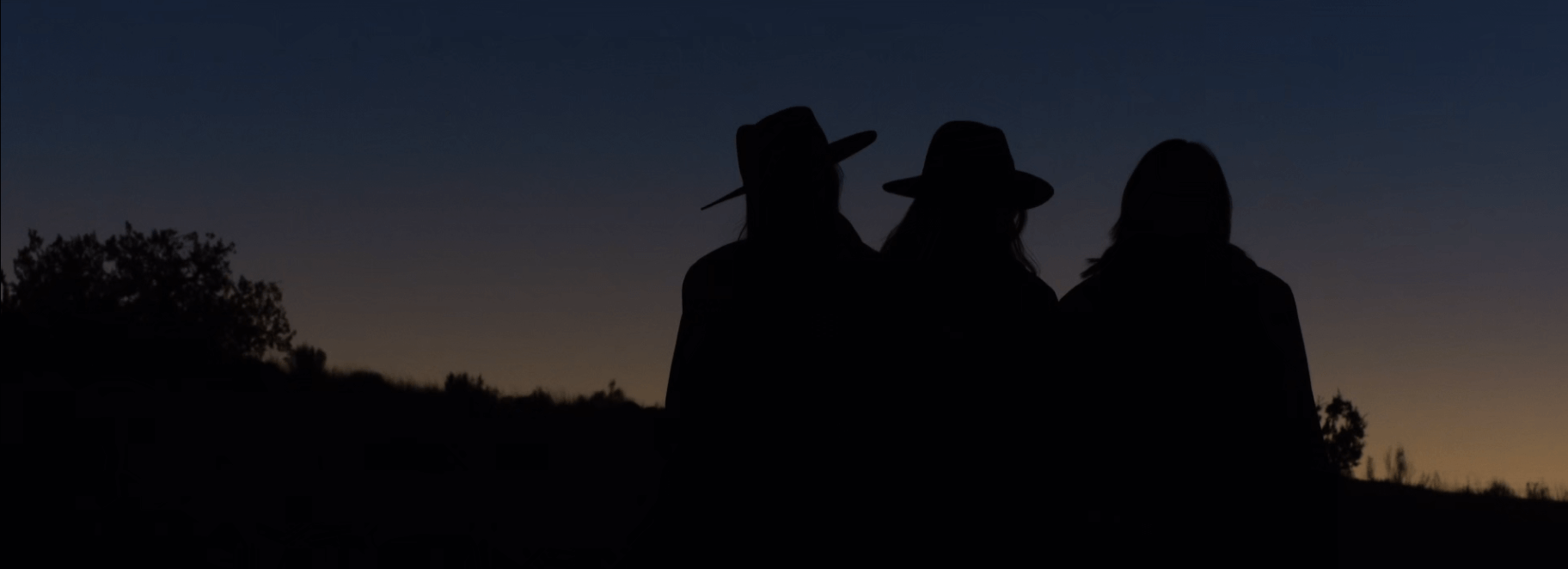 Three silhouettes stand against a twilight sky